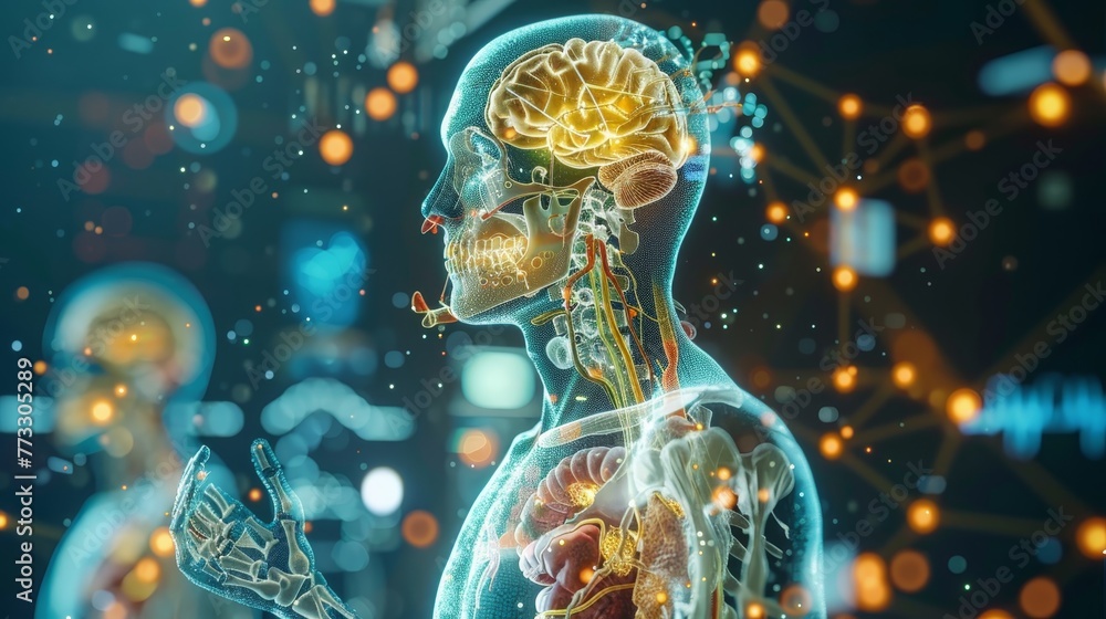 Poster a man's brain is shown in a computer generated image. the brain is surrounded by a glowing, colorful