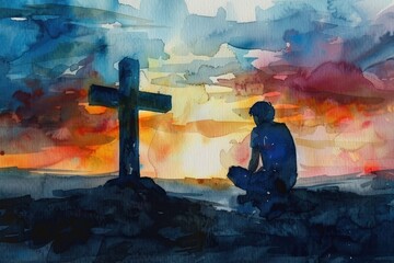 Peaceful watercolor of a Christian man in contemplative prayer before a cross, dusk setting