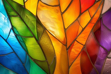   A detailed view of a vibrantly hued stained glass window, featuring an intricate leaf motif along its edge