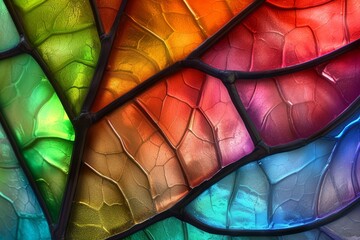   A tight shot of a multihued stained glass window, colors of the rainbow mirrored within