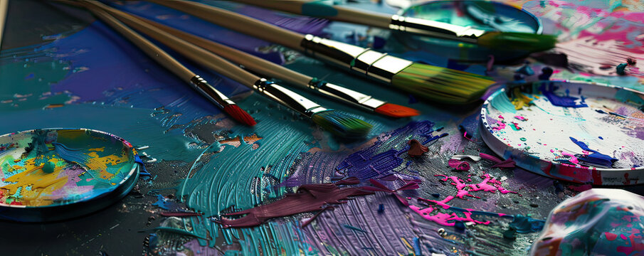 Artistic 3D render of paintbrushes and palettes, celebrating art in education, space for text