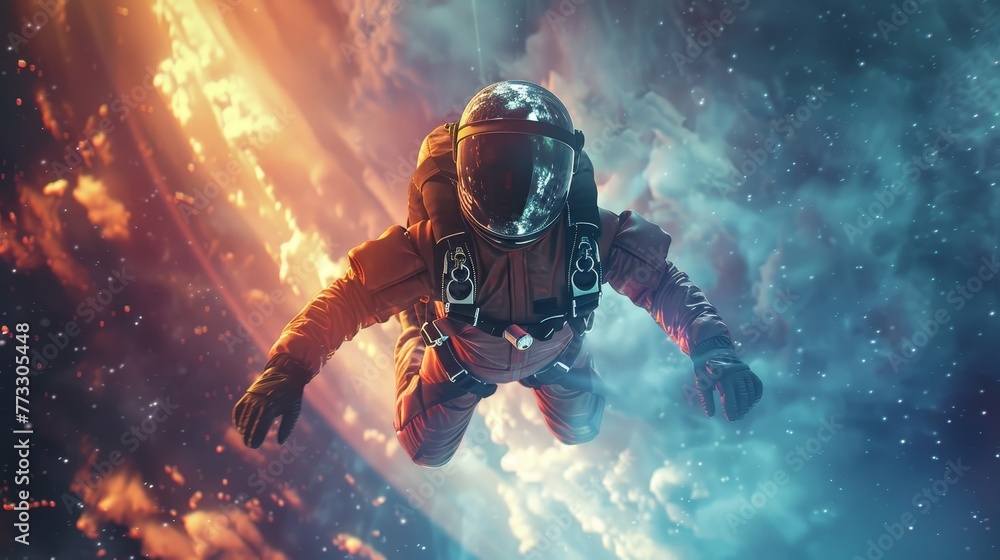 Poster a man in a spacesuit is floating in space. the image has a futuristic and adventurous mood
