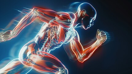 A man running with his arms outstretched and a hand on his hip. The image is a representation of the human body in motion, with the focus on the runner's arms and legs