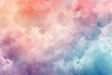   A sky brimming with numerous clouds in shades of pink, blue, and yellow, houses a distant plane - obrazy, fototapety, plakaty