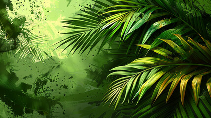 Tropical palm leaves on grunge background. Vector illustration.