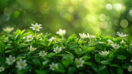 Fototapeta na wymiar Beautiful white flowers with green bokeh background, stock photo