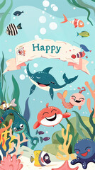 Fototapeta premium A band of cartoon sea creatures with a 