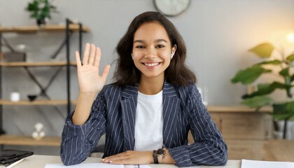 Young and energetic female is ready for an online interview on a video call, sitting at the desk at home and looking and waving at the camera, saying hello. Job hunting concep