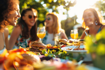 Friends gathered around a picnic table, laughing and enjoying grilled burgers and colorful salads,...