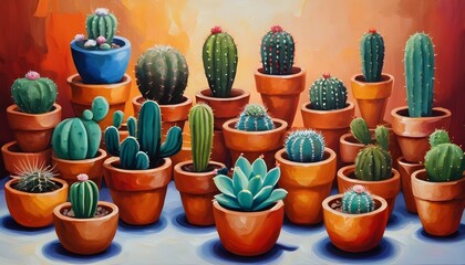 Collection of cactus in pots painting 