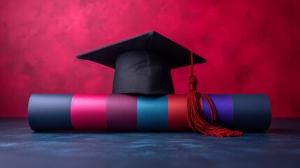   A graduation cap, adorned with a tassel, sits atop a rolled-up book against a vibrant red and blue backdrop
