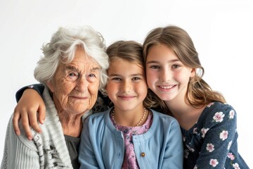 Group portrait of grandmother and granddaughters Isolated on white background