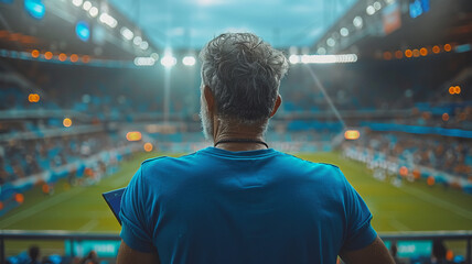 Trainer seen from behind at the entrance to the tunnel on the stadium pitch.generative ai