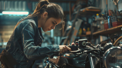 The girl in the garage is working on the bike, tools and spare parts are nearby