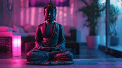 A neon glow buddha statue, mindfulness in chaotic world concept.