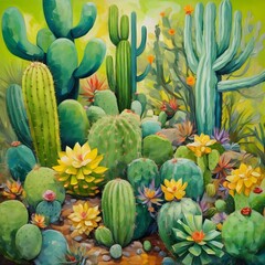 Green assorted cactus painting