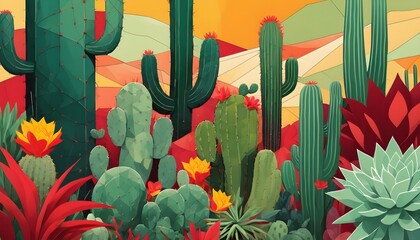 Green Cactus in colorful desert painting