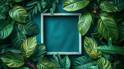 Green leaves with frame on blue background. Flat lay, top view.