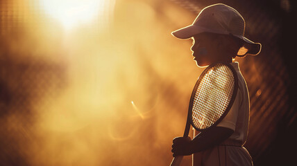 sports photography, a very young kid dressed as a professional tennis player,generative ai