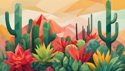 Geometric art green and orange desert and cactus