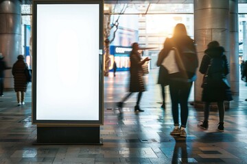 display screen mockup advertisement in public area with people walking - obrazy, fototapety, plakaty
