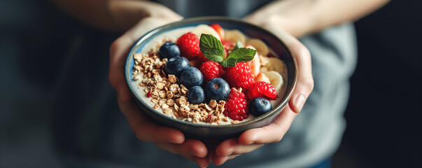 Female Hands Holding a Bowl of Fresh Fruit and Berries and Granola