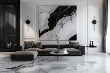 Modern contemporary living room interior in black white colors with a marble painting on the wall. Interior design visualization