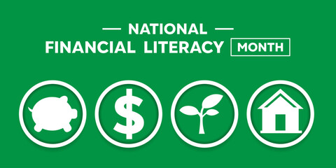 National Financial Literacy Month. Piggy, money, plant and house icon. Suitable for cards, banners, posters, social media and more. Green background. - obrazy, fototapety, plakaty
