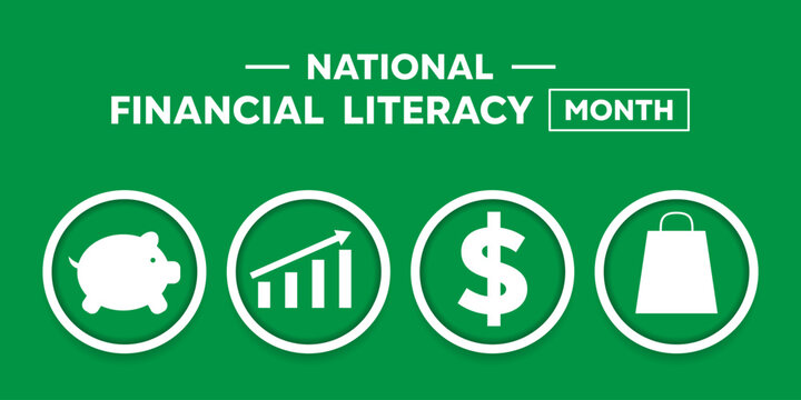 National Financial Literacy Month. Piggy, graphic, money and shopping bag icon. Suitable for cards, banners, posters, social media and more. Green background.