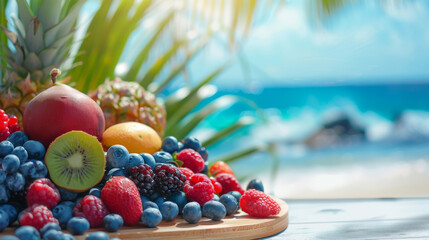 Fresh summer fruits displayed on a rustic wooden surface, with sea beach in the blurred background. - Powered by Adobe