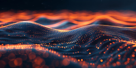 3d blue orange abstract with digital connections and lines, dots representing digital binary data. Concept for big data,deep machine learning, artificial intelligence,business technology ,futuristic - obrazy, fototapety, plakaty