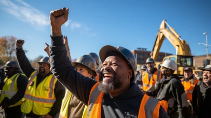 Foto op Canvas Construction workers smiling in yellow vests and vests raise their hands in the air at construction site,generative ai © Chanya2498