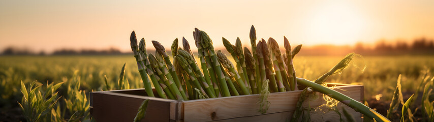 Asparagus harvested in a wooden box in a field with sunset. Natural organic vegetable abundance. Agriculture, healthy and natural food concept. Horizontal composition, banner.