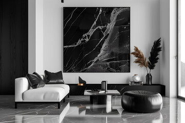 Modern contemporary living room interior in black white colors with a marble painting on the wall....