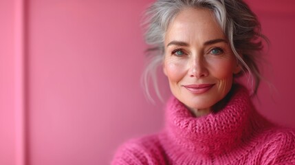   An older woman, sporting grey hair, wears a pink turtleneck sweater while smiling at the camera A pink wall serves as the backdrop - obrazy, fototapety, plakaty