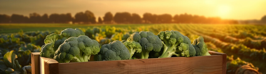 Broccoli harvested in a wooden box with field and sunset in the background. Natural organic fruit abundance. Agriculture, healthy and natural food concept. Horizontal composition, banner. - obrazy, fototapety, plakaty