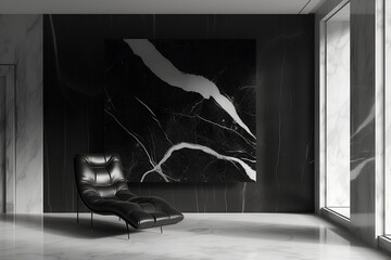Modern contemporary living room interior in black white colors with a marble painting on the wall. Interior design visualization