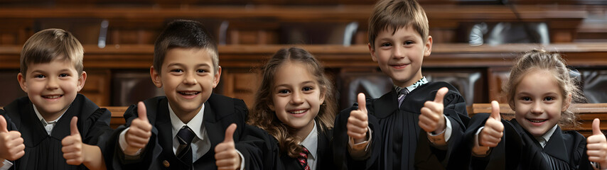 Group of children smiling, having thumbs up doing their dream job as Judges sitting in the court room. Concept of Creativity, Happiness, Dream come true and Teamwork. - obrazy, fototapety, plakaty