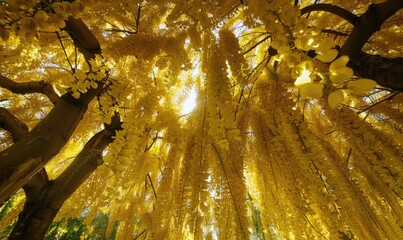 Laburnum blossoms forming a canopy of golden flowers - obrazy, fototapety, plakaty