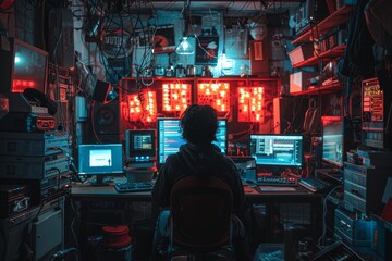 Obraz premium Back view of male hacker at multiple screens in a dimly lit room, decrypting code and messages. Unveiling underground operations in darknet realm