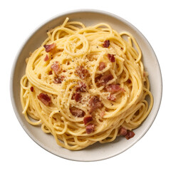 Delicious pasta carbonara on a plate seen from above isolated on a transparent background