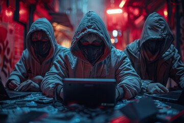 Group of shadowy figures hooded hackers with obscured faces by masks exchange encrypted data or illicit transactions. Underground dealings and darknet concept