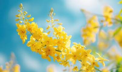 Laburnum flowers with their vibrant color contrasting against a blue sky - obrazy, fototapety, plakaty