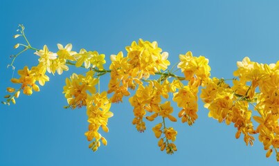 Laburnum flowers with their vibrant color contrasting against a blue sky