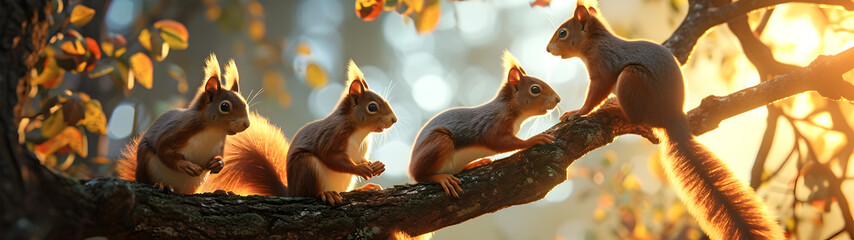 Squirrel family on the forest tree in the evening with sunset. Group of wild animals in nature....