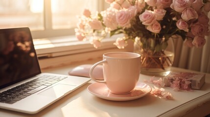 Workspace Aesthetics Computer, Coffee, Office Supplies, And Flowers