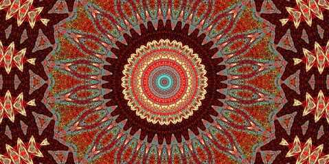 Abstract, Complex mandala pattern, with detailed design and vivid hues, and, a circular motif with concentric circles shifts from warm to cool tones, 