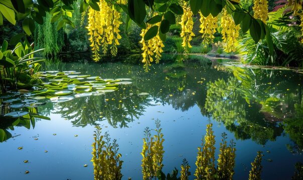 Laburnum flowers reflected in a tranquil pond