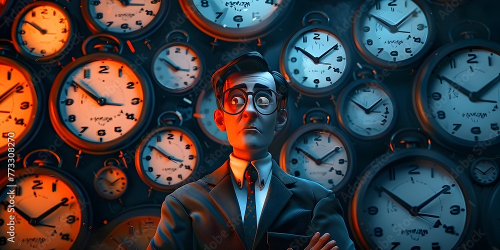 Poster boss character surrounded by ticking clocks masterfully controls time and workspace