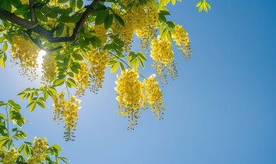 Laburnum tree in full bloom against a blue sky